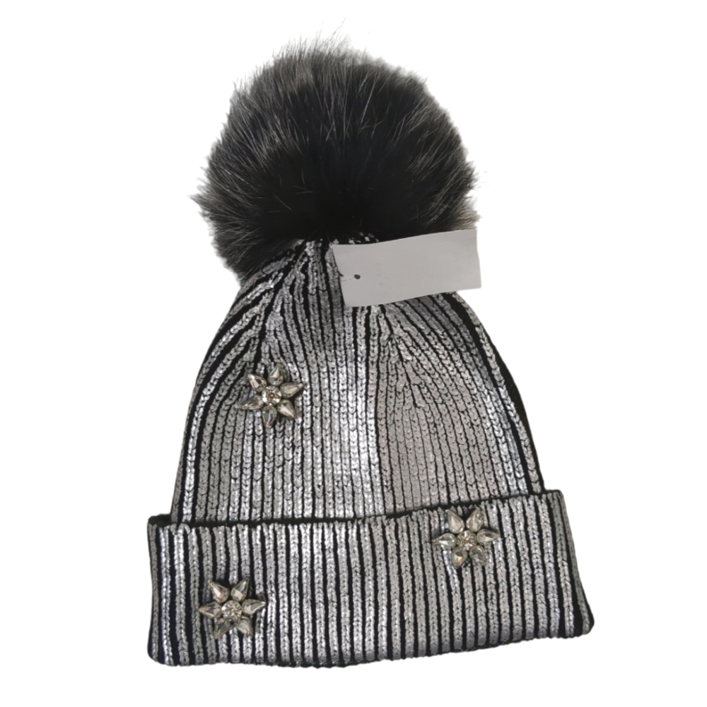 NWT Glamourpuss Metallic Silver Genuine Fur Beanie Hat w/ Crystal Embellishments